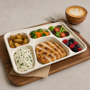 Plateau à emporter XIEFA à 6 compartiments en bagasse de canne à sucre avec couvercle, biodégradable, compatible micro-ondes, jetable, compostable, 800 ml, moderne - Product Image 4