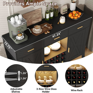 Mueble Bar para Vinos con Luz LED, Estante para Licores y Copas Estilo Rústico, Almacenamiento para Estación de Café - Product Image 3