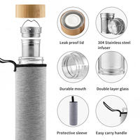 Bouteille d'eau en verre cristal 450ml, infuseur à thé et fruits en verre Borosilicate à Double paroi avec couvercle en bambou, manchon de protection