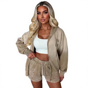 Ensemble 2 pièces molletonné pour femme : sweat à capuche et short, couleur unie, décontracté, sportswear, manches longues, coupe ample, effet délavé, streetwear - Product Image 1