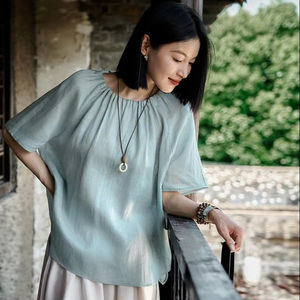 Chemise en <span class=keywords><strong>lin</strong></span> respirante pour femme-Haut à col froissé avec texture transparente - Product Image 2