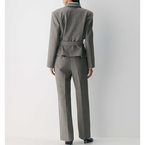 Blazer Elegante de Lana Gris Sólido Transpirable con Cinturón Ajustable y Corte Corto para Mujer, Ideal para Oficina - Nueva Colección 2025 - Product Image 4