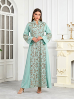 Robe Abaya Vintage en Polyester à Col en V avec Appliques Florales et Paillettes, Kaftan Modeste pour l'Aïd, Mariages et Occasions Formelles du Moyen-Orient