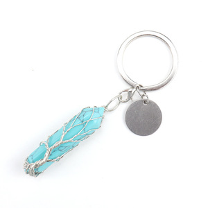 HZ Wholesale promotional business gift crystal point gemstone tree of life design blue aventurine key chain