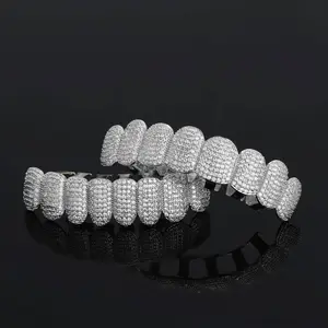 Iced Out Grillz Gold And Silver Copper Jewelry Micro Pave Bling Bling 5A Cz Hip Hop Teeth Grillz Set