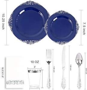 175 ensembles de <span class=keywords><strong>vaisselle</strong></span> marine assiettes avec couverts <span class=keywords><strong>vaisselle</strong></span> jetable en plastique robuste avec bord en dentelle argentée pour la fête de mariage - Product Image 2