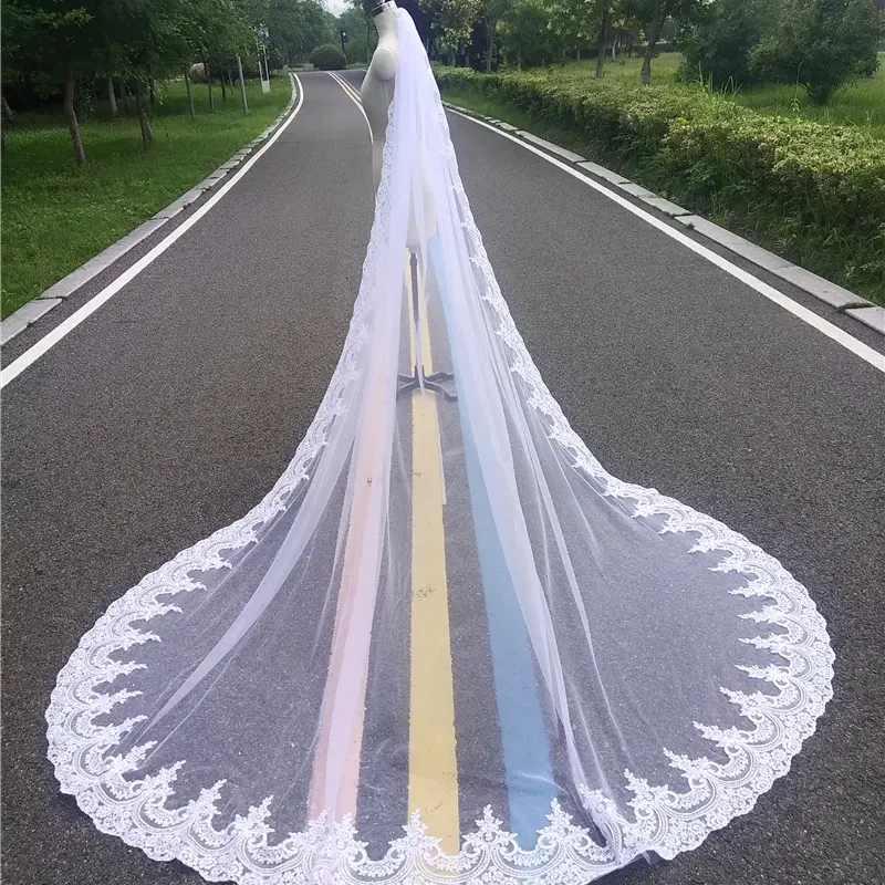 Hình ảnh thực tế Mạng Che Mặt cô dâu Nhà thờ dài ren Mạng Che Mặt đám cưới với lược một lớp chất lượng cao 3 mét trắng ngà Voile Mariage