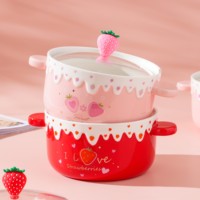 Meilleures ventes d'usine : Bol à soupe en céramique fraise 1L avec couvercle en verre trempé, bol en céramique de qualité alimentaire pour salade, pâtes, céréales