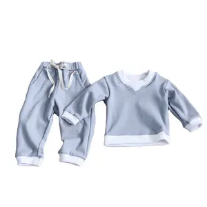 Custom Baby Fleece Cotton Tracksuit Set Long Sleeve Relaxed Fit Sweat Suit Patchwork Two Pieces Street Wear Winter Warm Toddlers