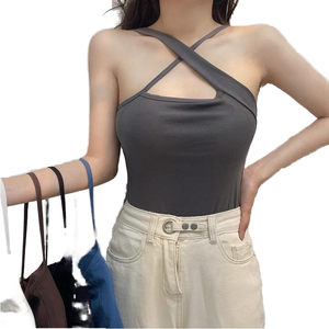 2024 New Fashion Women Tank <b>Tops</b> Sexy Solid Color Push up Hollow High Street <b>Cross</b> Halter Neck Breathable Casual Short Crop - Product Image 1