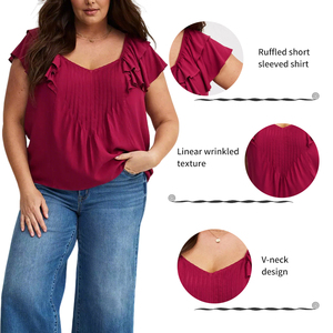 POVTY Women's Plus Size Summer <strong>Tops</strong> Custom Printed Design Buttery Soft V Neck Slub Short Flutter Sleeve Tunics <strong>Flowy</strong> Fit Casual - Product Image 2