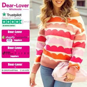 Maglione <span class=keywords><strong>donna</strong></span> a tracolla con manica a palloncino a righe rosa invernale - Product Image 2