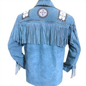Chaqueta de Cuero Estilo Western Azul con Flecos y Bordados, Manga Larga, Cuello Camisero, Cierre de Botones, Invierno, Resistente al Viento - Product Image 2