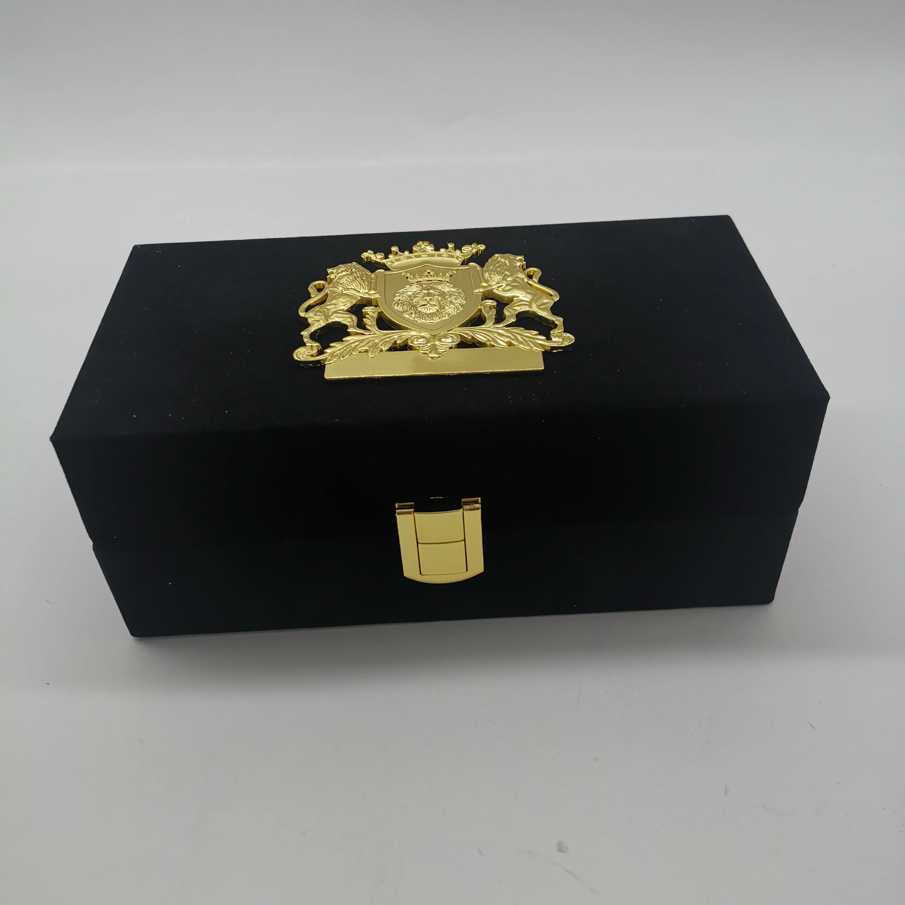 high grade black velvet perfume clamshell packing box with 3D plate and golden lock