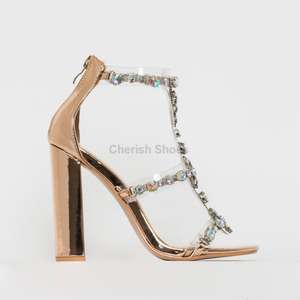 clear gold block heels