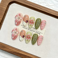 TSZS Meilleures ventes 10 pièces Faux ongles à presser floraux 3D faits main, forme amande moyenne, réutilisables, de luxe, pour manucure DIY et nail art