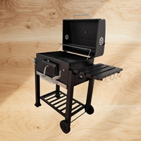 Barbecue au charbon de bois en fonte pour extérieur, avec fumoir, panier à charbon réglable, étagère latérale et roues