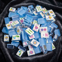 Tuiles de Mahjong Américaines Modernes de Luxe Transparentes Bleu Glace, Imprimées sur Mesure avec Motifs Fantaisistes Coccinelle et Floraux pour Fêtes et Usage Quotidien