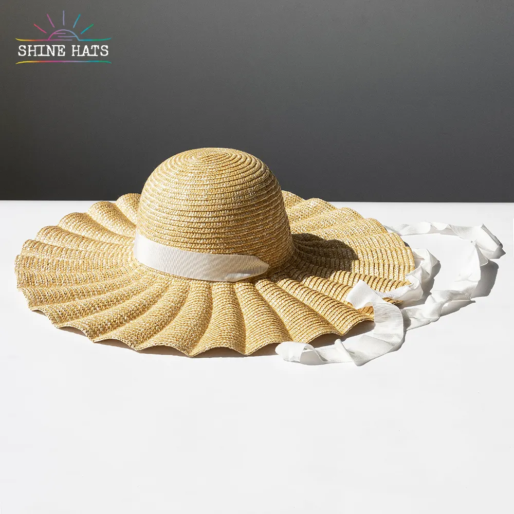 Shinehats verano trigo tejido onda de ala ancha Shell mujeres señoras sombreros de paja sol playa señoras sombrero con cinta