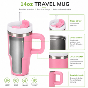 Gobelet isotherme en acier inoxydable de 14 oz avec poignée et paille, tasse à café portable pour voiture, tasse personnalisable avec logo - Product Image 4