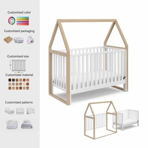 Baby <b>House</b> Wooden <b>Bed</b> 3-in-1 Baby Cot <b>Bed</b> Toddler <b>Bed</b> & Toddler Sofa Cot with Protective Teething Rails - Product Image 1