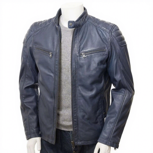 Blouson de motard en cuir véritable bleu pour homme, col montant, fermeture éclair, coupe ajustée, style moto, pour l'automne - Product Image 1