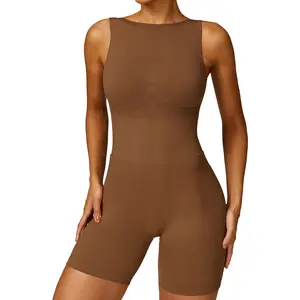 2024 Custom Logo Gedrukt Zomer Vrouwen Slim Fit Naadloze Sportkleding Hoge Taille Een Stuk V Back Scrunch Butt Jumpsuit