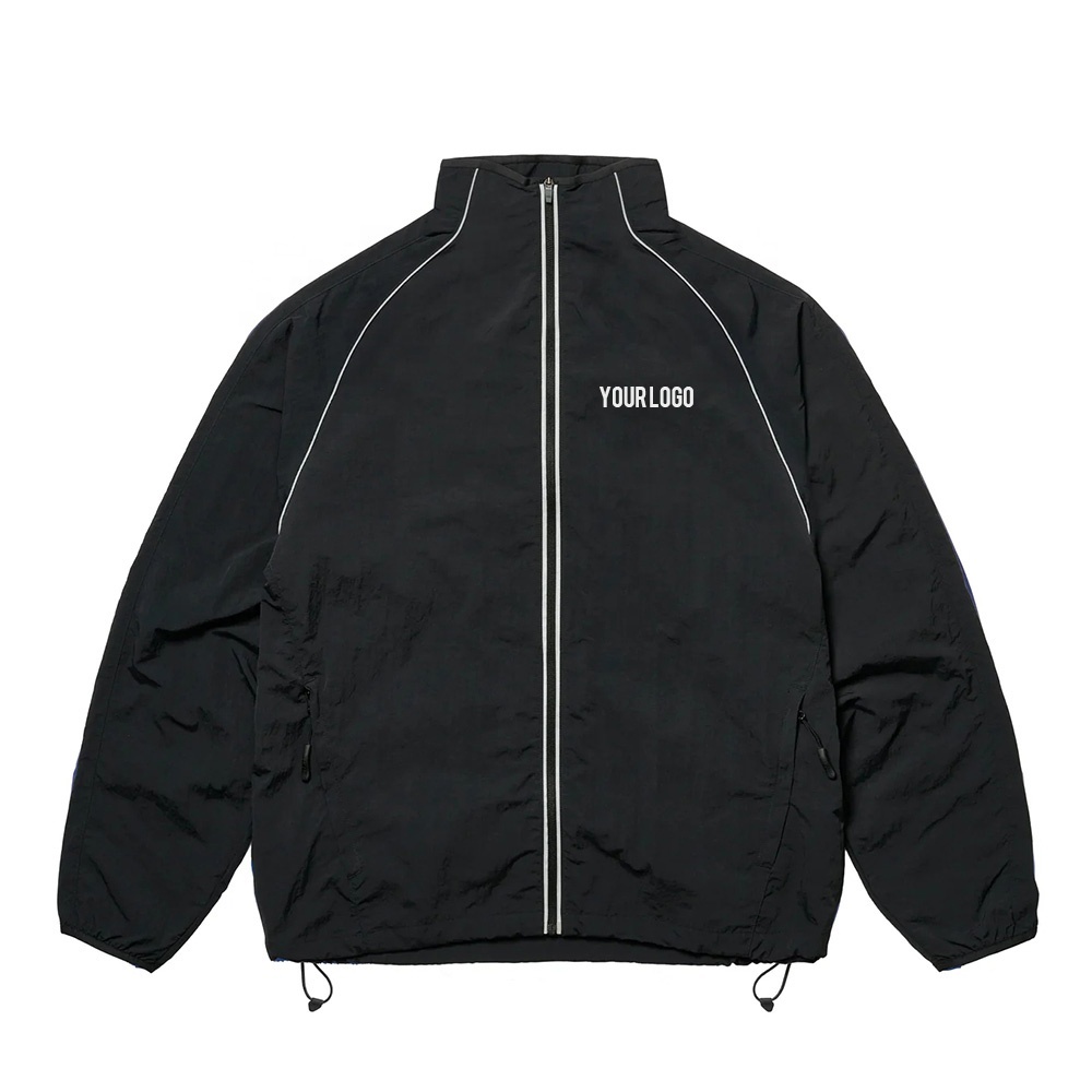 Power Punch Custom Stand Collar Zip up Black Retro Track Jacket Adjustable Hem