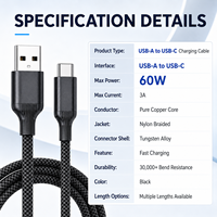 Câble de charge rapide USB-A vers USB-C 60W 3A en nylon tressé, cuivre pur, cordon Type-C, vente en gros, fabricant OEM