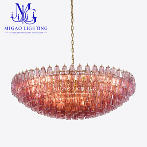 Lámpara de Araña de Cristal Acanalado Magenta Estilo Medieval Francés, Colgante de Lujo para Decoración de Villas, Salas de Estar y Comedores con Techos Altos - Product Image 5