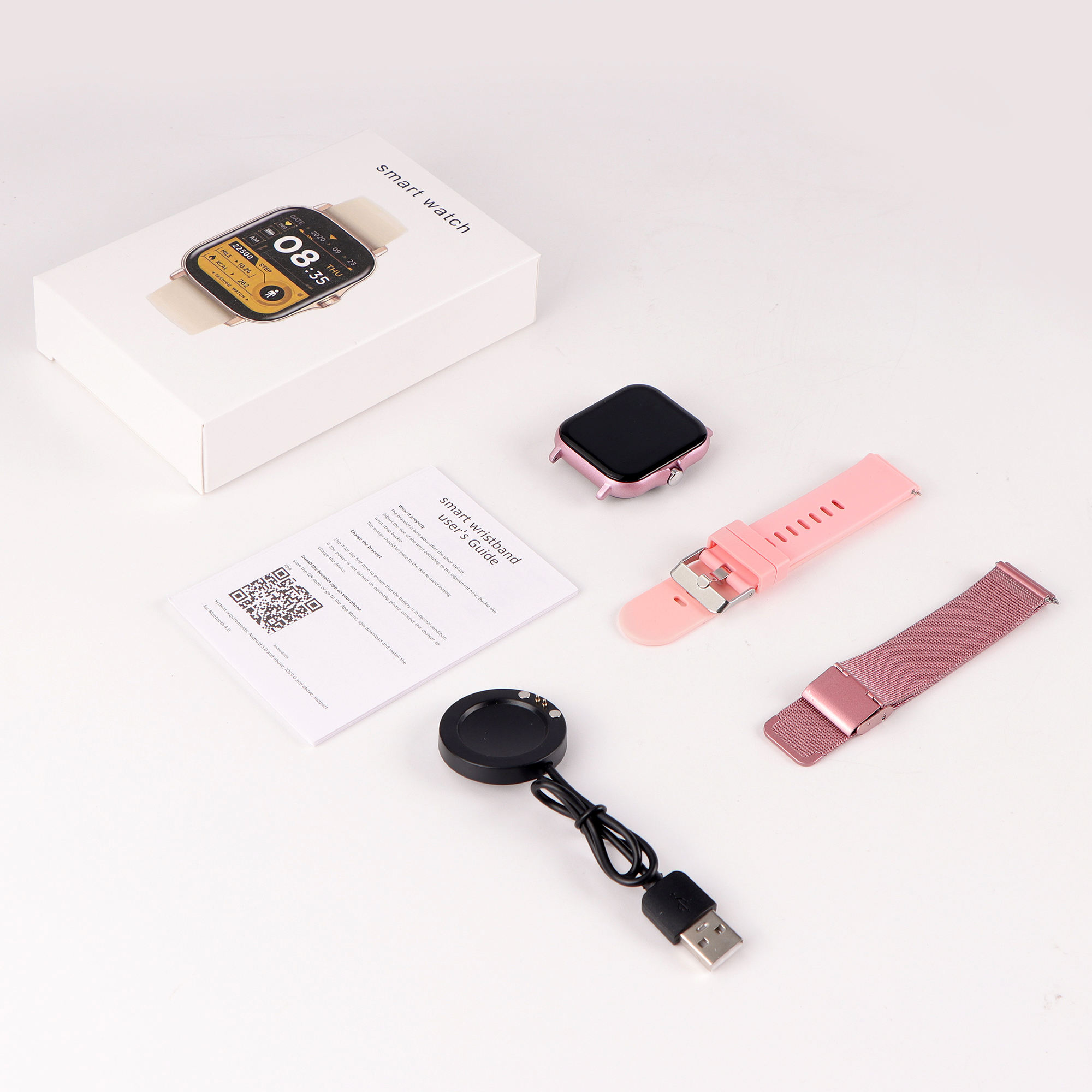 Orologio rosa da 1.83 pollici + cintura 2 (acciaio rosa + gel di silice)