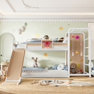 White Twin Over Twin Bunk <b>Bed</b> Kids Dormitory <b>Bed</b> with Slide Storage Drawers Desk Shelf Basketball Hoop,only US - Product Image 3