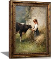 Tableau mural vintage encadré or, Fille nourrissant une vache, Impression sur toile style rustique Cottagecore Ferme, Échantillons OEM ODM prêts en moins d'une journée
