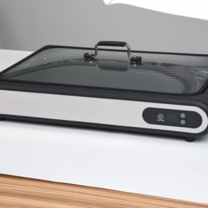 Gril électrique sans fumée 1500W avec gril/poêle antiadhésif 2-en-1, gril coréen portable, couvercle en verre, plat simple, noir - Product Image 1