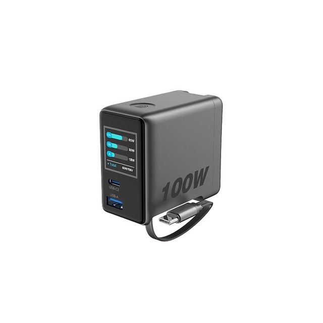 Retractable Cable 100W PD Type-C GaN Charger-Compact Wall Charger with Digital Power Screen for MacBook for for Smartphones