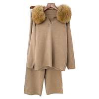 Ensemble Deux Pièces de Luxe en Tricot de Laine pour Femme, Pull à Col Montant, Pantalon en Véritable Fourrure de Renard, Motif Uni, Décontracté pour Tenue Automne/Hiver