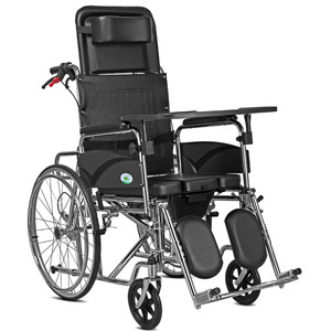Manual Reclining Wheelchair Foldable For Seniors Black Leather Seat With Adjustable Backrest And <b>Footrests</b> - Product Image 2