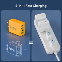 Chargeur rapide multi-ports 65W PD QC3.0, chargeur mural 2USB-C+2USB-A, prise EU US, chargeur portable pour ordinateur portable, téléphone, tablette