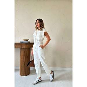 Overol de Mezclilla de Algodón Blanco para Mujer, Estilo Simple, Lavable, Manga Corta, Corte Clásico - Product Image 4