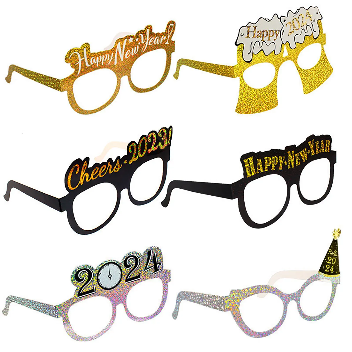 Packung mit 6 Frohes Neues Jahr Papier brillen 2024 Neujahr Party Brille 2024 Requisiten Silvester Brille Umwelt freundlich KD2744