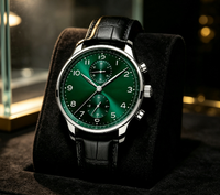 Montre automatique chronographe pour homme, cadran vert, bracelet en cuir véritable, montre-bracelet à remontage automatique