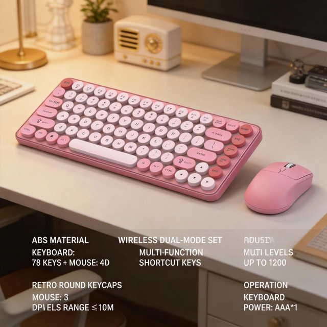 Manufacturer's Wholesale Price OEM Wireless Dual-Mode Mini Ergonomic Pink Set 85-Key Keyboard + 4D Mouse Battery-Powered