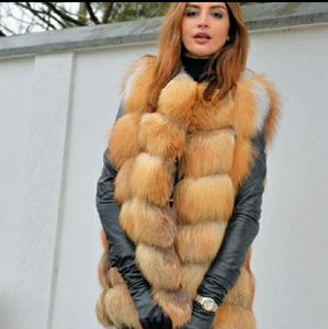 Gilet de fourrure de renard rouge véritable de luxe pour femmes vêtements d'extérieur longs coupe-vent avec décorations de Logo de bouton à col rond grande taille Collection d'automne