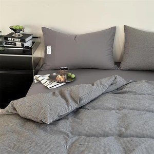 Ensemble de literie en coton lavé toutes saisons - Élégant motif à carreaux gris, collection de housse de <span class=keywords><strong>couette</strong></span> minimaliste 4 pièces - Product Image 5