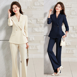Women's Suit <b>Set</b> Navy Blue Three Quarter Sleeve Anti-Wrinkle <b>Office</b> Lady Commuting Work Wear - Product Image 1