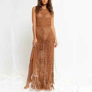 Robe de plage longue et Sexy, Cover-Up, tunique, paréo, Crochet, Cover-Up, en maille