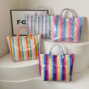 Borsa Tote a Righe Personalizzata, Grande Capacità, in PVC, Borsa a Spalla, Borsa da Viaggio e Shopping, con Stampa di Lettere, Stile Hobo - Product Image 2