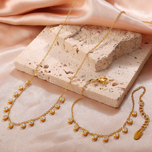 French Inspired Diamond <b>Bracelet</b> And Necklace <b>Set</b> 18K Gold Plated Stainless Steel Women's Jewelry Everyday Wear - Product Image 4