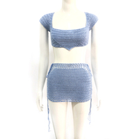 Haut court brillant fait à la main pour femme avec jupe à lacets, cache-maillot de Bikini, jupe en Crochet, dos nu, mini-jupe, ensembles bleu argenté brillant