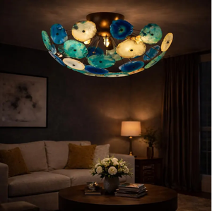 Round Brass Chandelier with Blue Agate Starburst <b>Shade</b> 3500K Warm <b>White</b> LED Blue/Gold Finish for Living Room Ceiling <b>Lamp</b> - Product Image 1